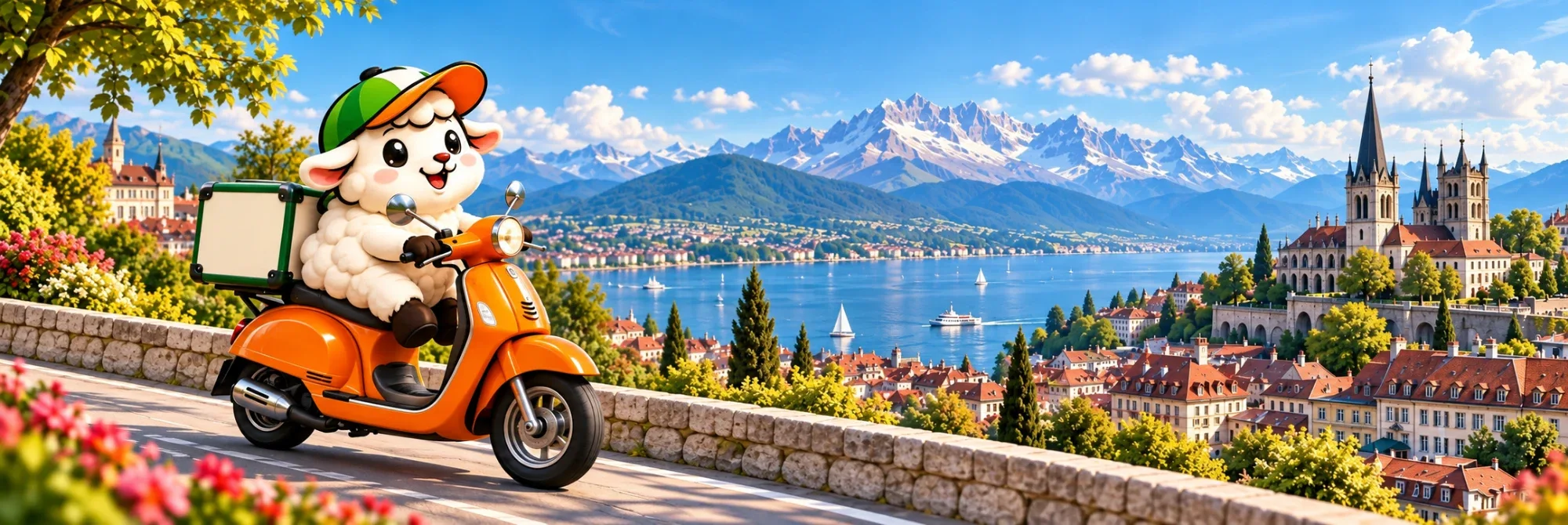 Le mouton Sheep-Me livre à scooter au-dessus de Lausanne et du Léman